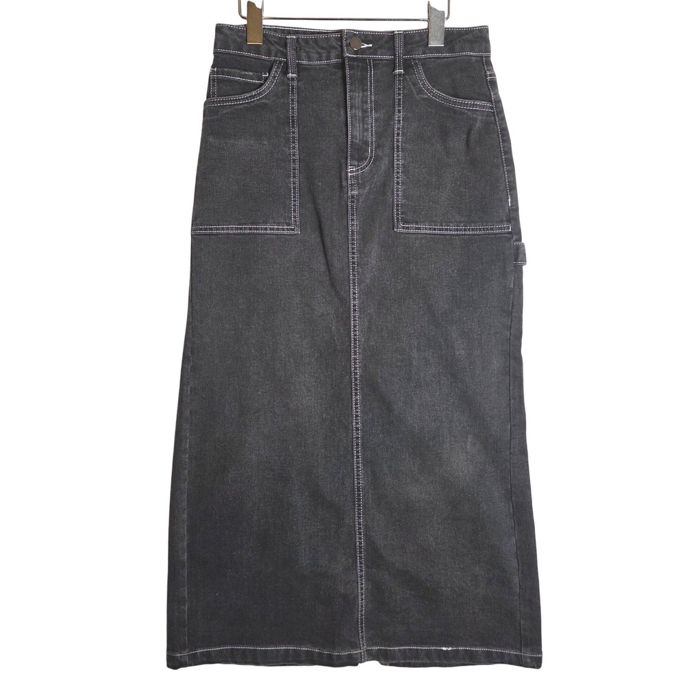 Love Fire Denim Maxi Skirt 7 Dark Wash Contrast Stitch Carpenter Utility Grunge